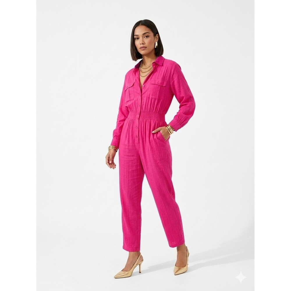 Vintage Uno 100% Silk Utility Jumpsuit Disco 70s Hot Fuchsia Pink Long Sleeve M